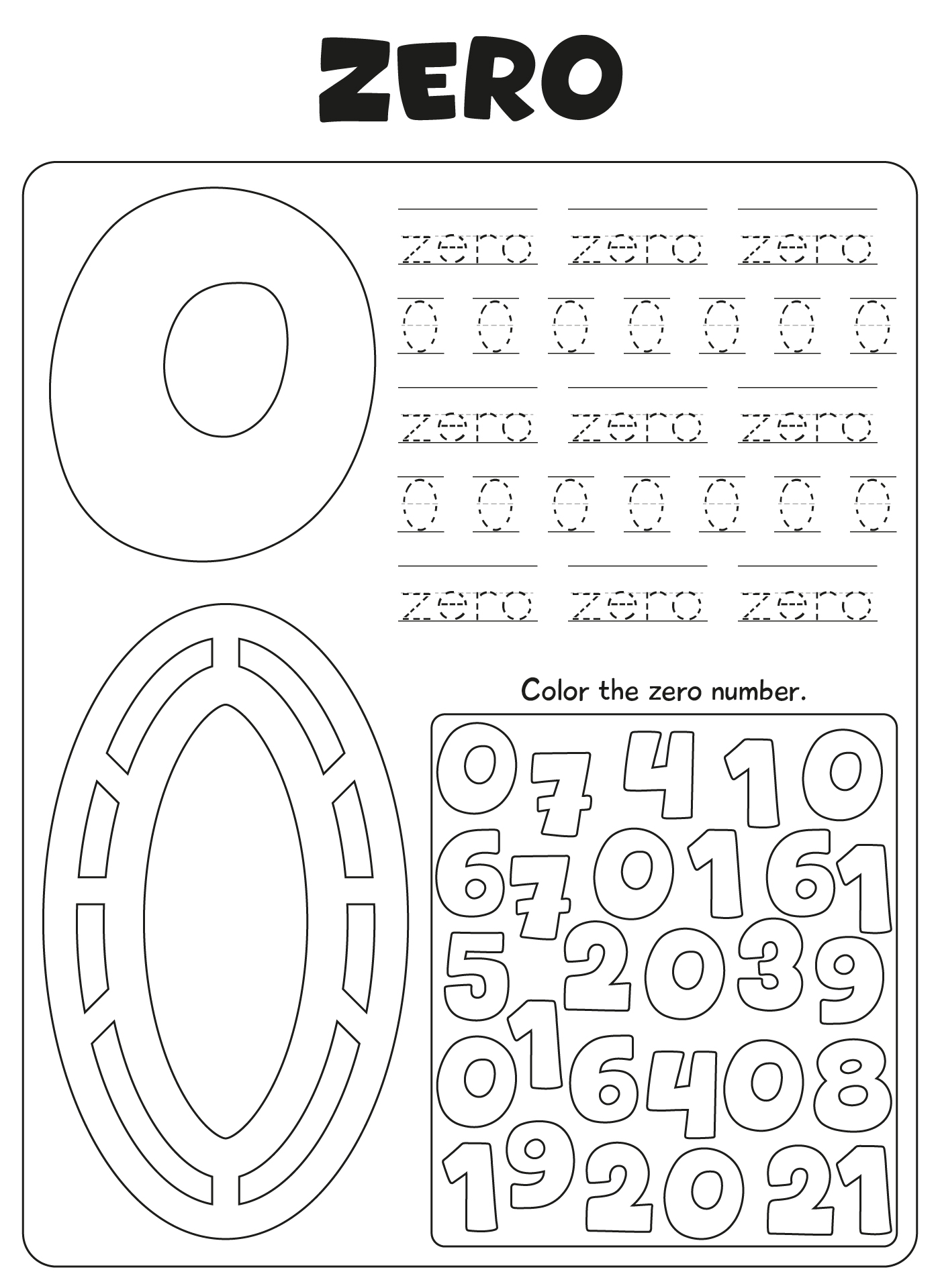 Number-zero worksheet with a large outlined zero, dotted tracing exercises for “zero” and 0, and a box asking students to color the zero among assorted numbers.