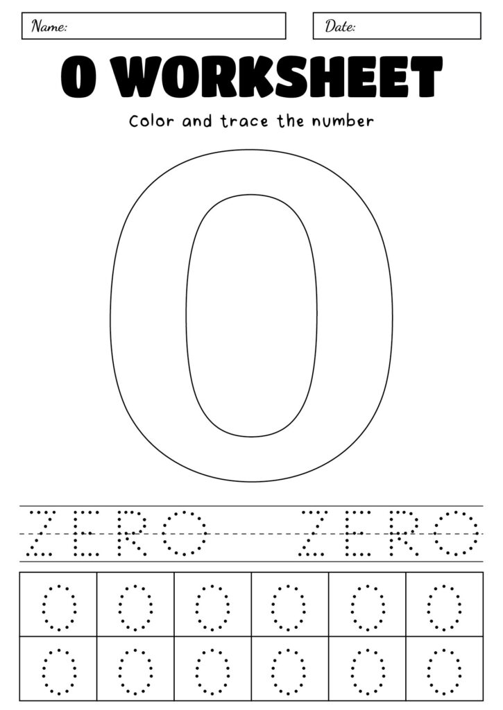Number 0 worksheet with a large outlined zero to color, dotted “ZERO” tracing practice, and rows of dotted zeros to trace.