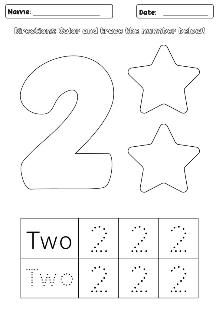 A number 2 worksheet with a large outlined numeral beside two stars, plus boxes for tracing “Two” and dotted 2s.