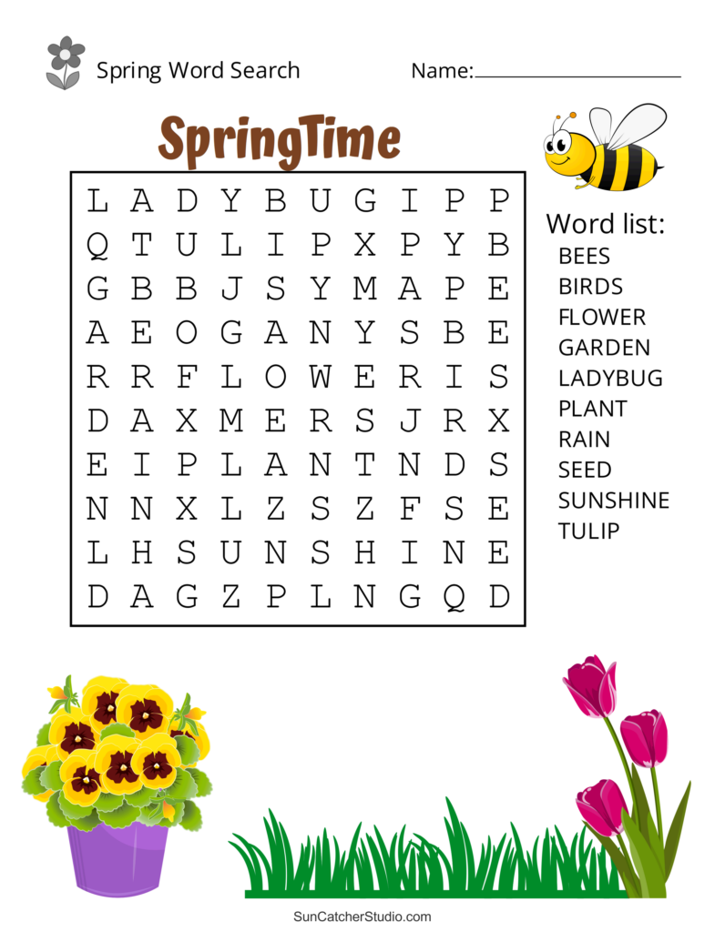 A spring word-search worksheet with a large letter grid and a list of words including bees, birds, flower, garden, ladybug, plant, rain, seed, sunshine, and tulip. Flower and bee illustrations decorate the page.