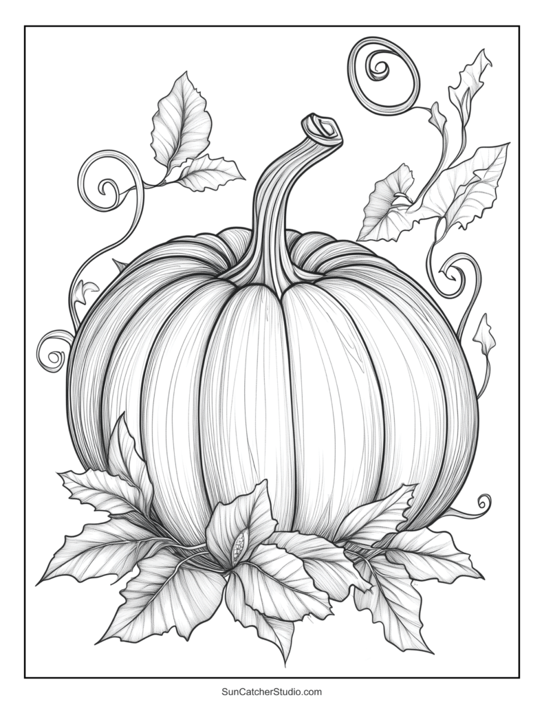 Black-and-white coloring page showing a large ribbed pumpkin surrounded by curling vines and leaves.