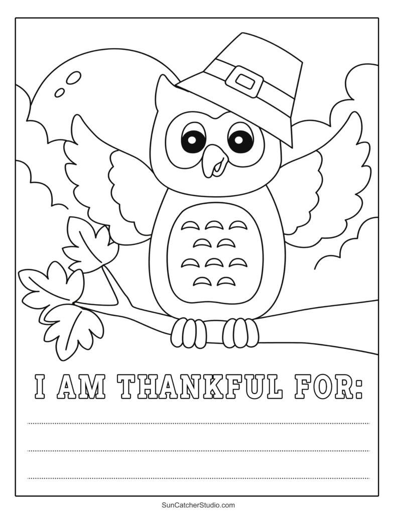 Black-and-white Thanksgiving worksheet showing an owl wearing a pilgrim hat on a branch, with autumn leaves and clouds. “I AM THANKFUL FOR:” appears above three writing lines.