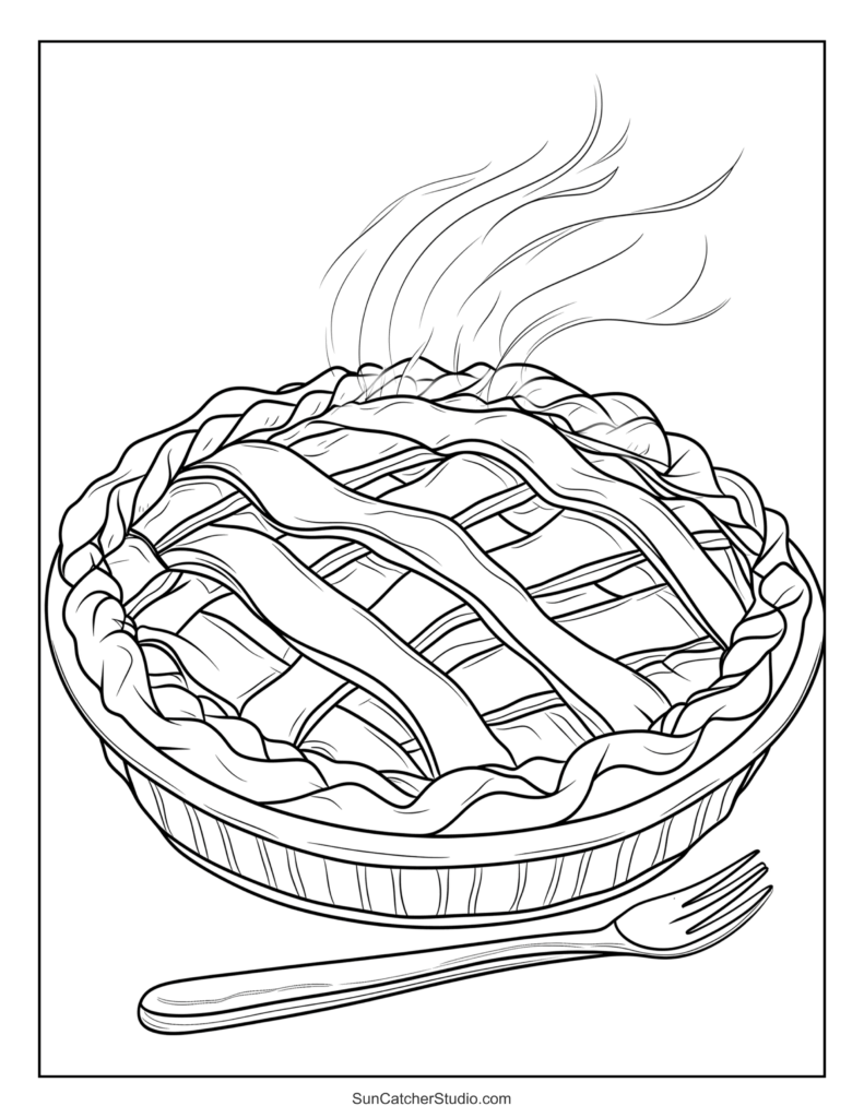 Black-and-white coloring page of a lattice-crust pie in a fluted dish, with steam rising and a fork in front.