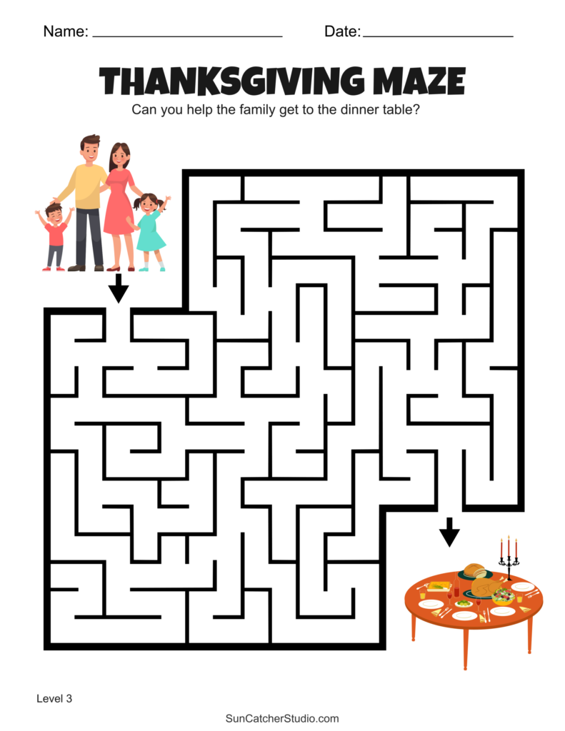 Thanksgiving maze worksheet asking students to guide a family to the dinner table; it includes a large maze, a family illustration, and a meal illustration.