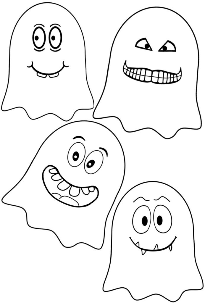Black-and-white outline drawing of four cartoon ghosts with varied eyes and grins, arranged on a plain background.