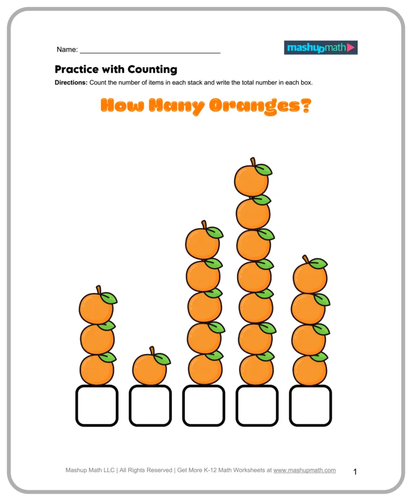 Counting worksheet titled “How Many Oranges?” with five stacks of illustrated oranges above empty answer boxes.