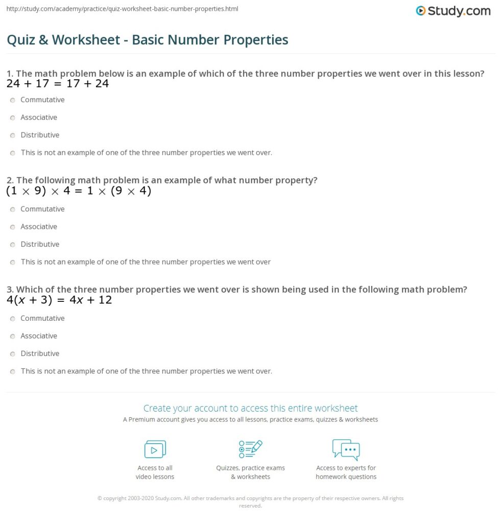 A basic number properties worksheet asks multiple-choice questions using addition and multiplication equations to identify commutative, associative, and distributive properties.