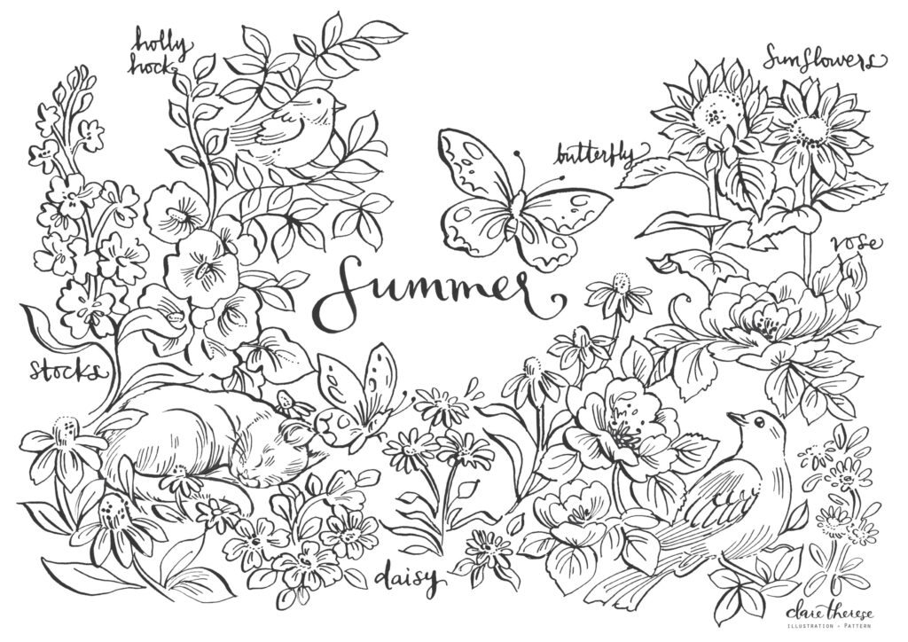 Summer coloring-page illustration with outlined flowers, birds, butterflies, and leafy plants surrounding the word “Summer.”.