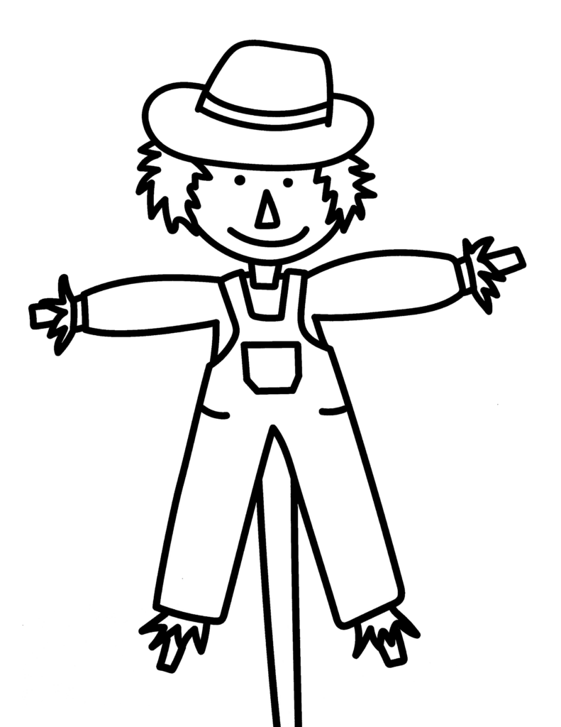 A smiling scarecrow wearing a brimmed hat and overalls stands with arms outstretched, drawn in bold black outlines for coloring.