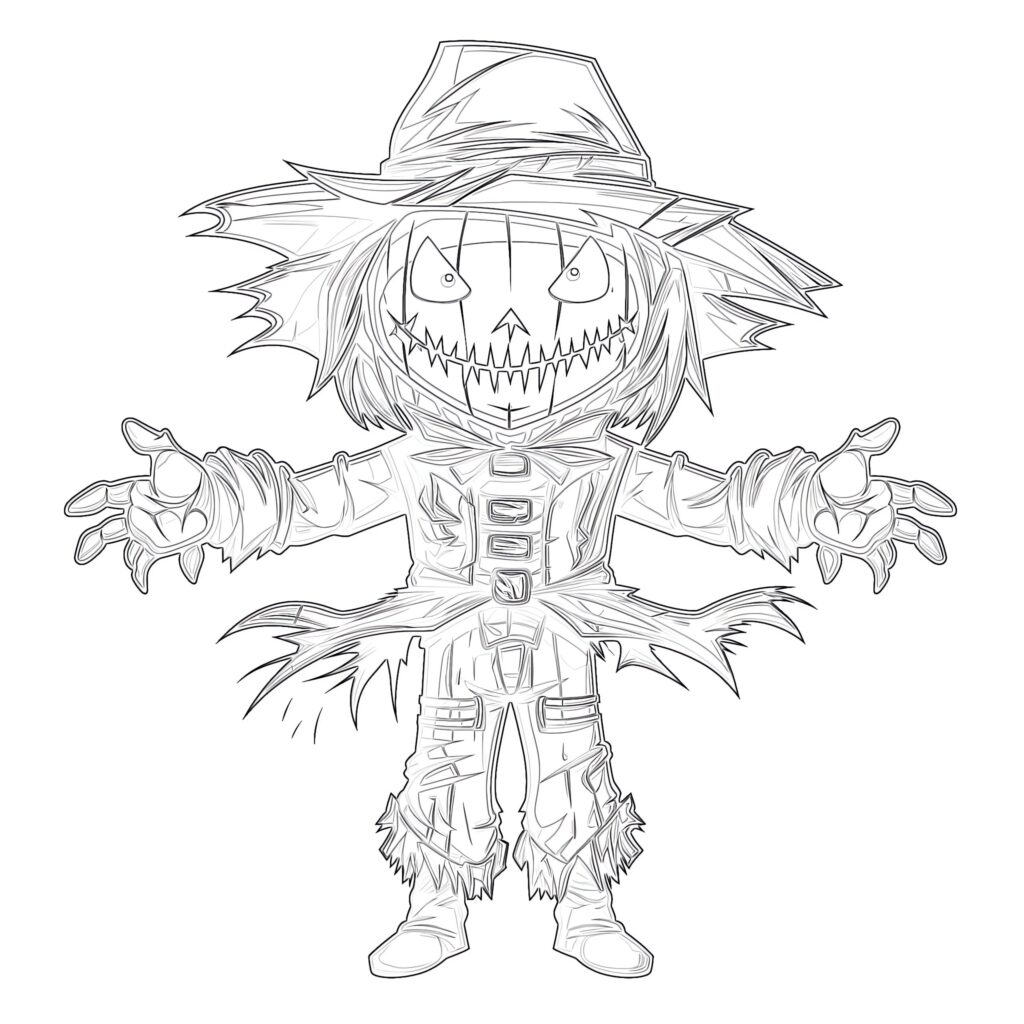 A detailed scarecrow coloring-page illustration with a pointed hat, jagged pumpkin-like face, outstretched arms, ragged clothing, and boots.