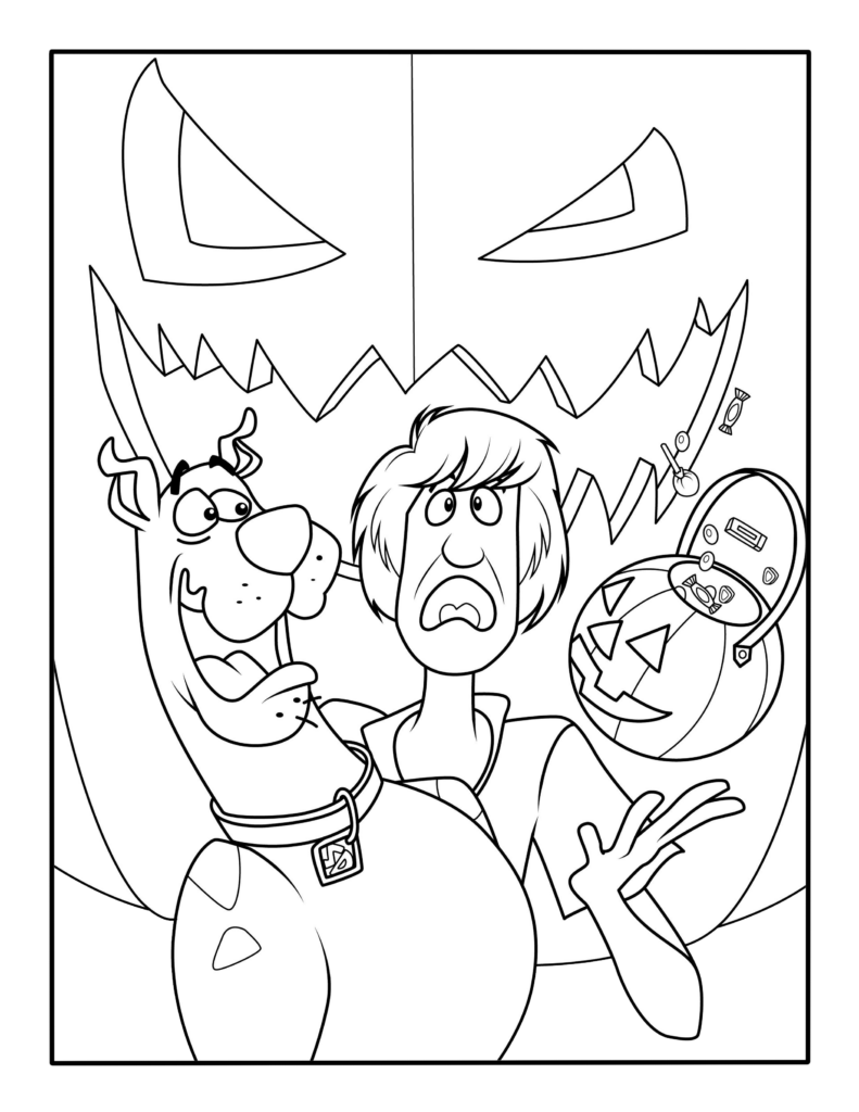 Black-and-white coloring page showing Scooby-Doo and a frightened person in front of a large jack-o’-lantern face, with a flying saucer nearby.