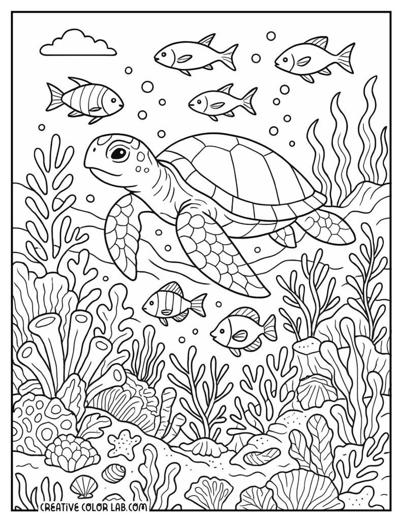Underwater coloring page showing a large sea turtle swimming among fish, bubbles, coral, seaweed, and shells.