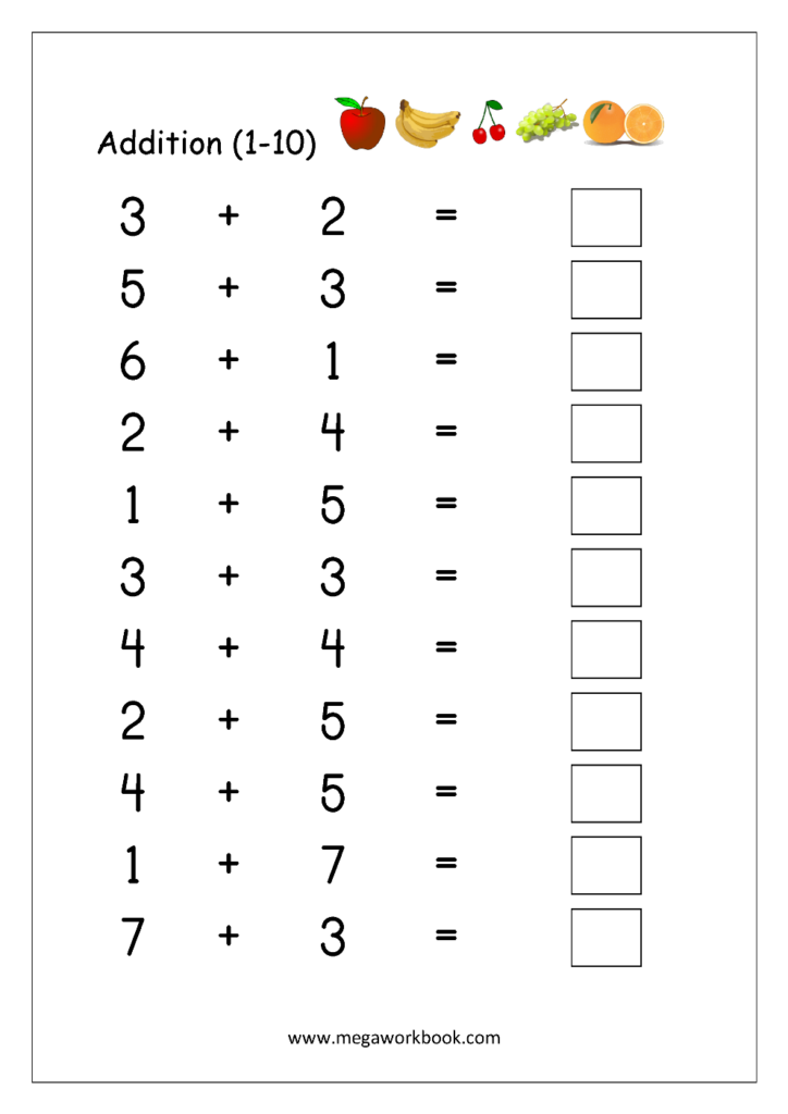 An addition worksheet titled “Addition (1–10)” shows eleven number-sum problems with blank answer boxes and small fruit illustrations at the top.