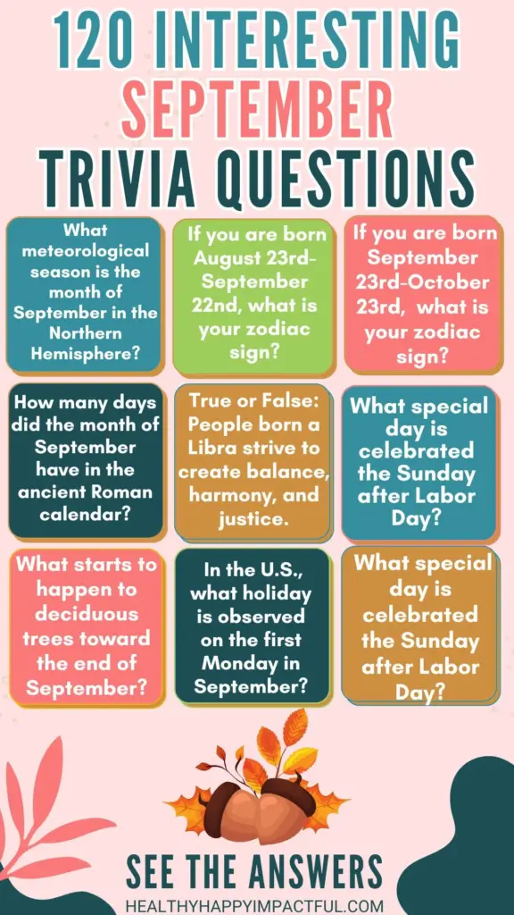 A pastel September trivia poster with nine colorful question panels about the month, zodiac signs, Labor Day, and seasonal changes, plus an acorn illustration at the bottom.