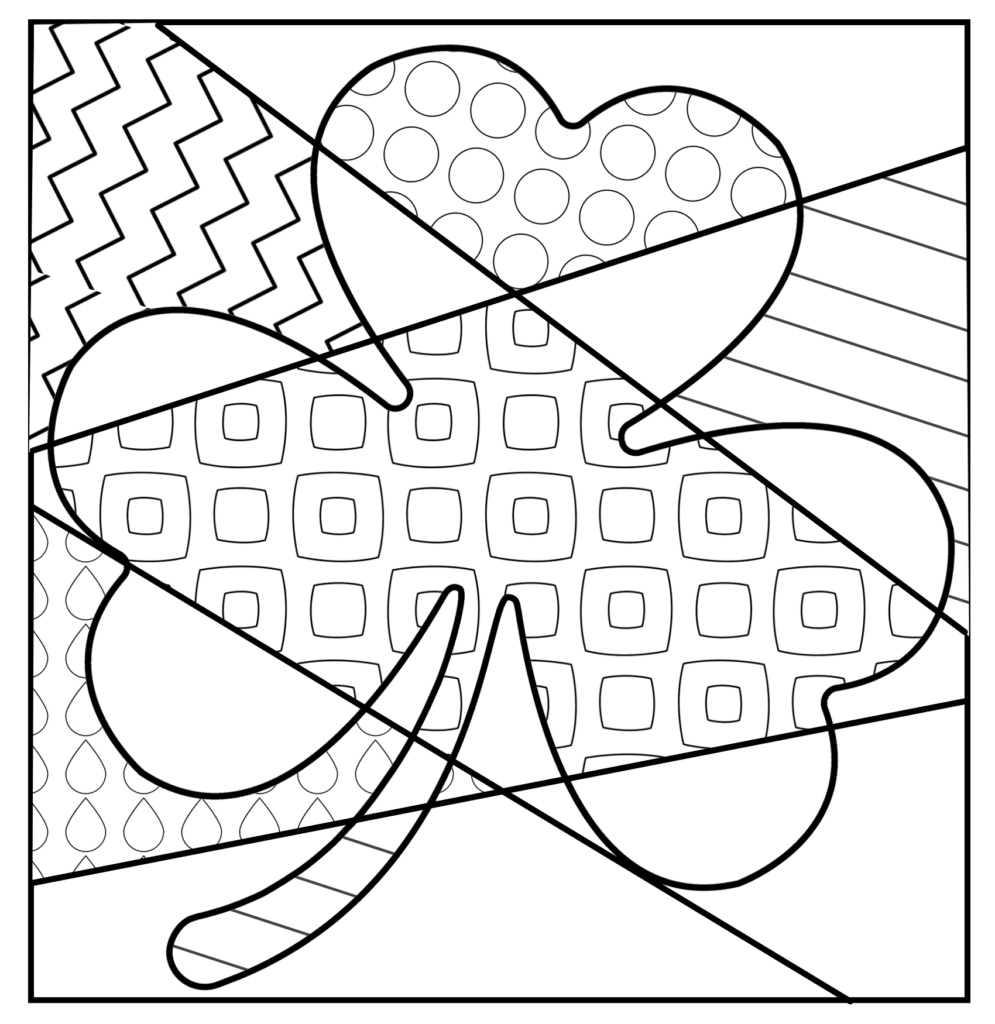 A large shamrock coloring page with sections filled with polka dots, squares, stripes, zigzags, and teardrop patterns.