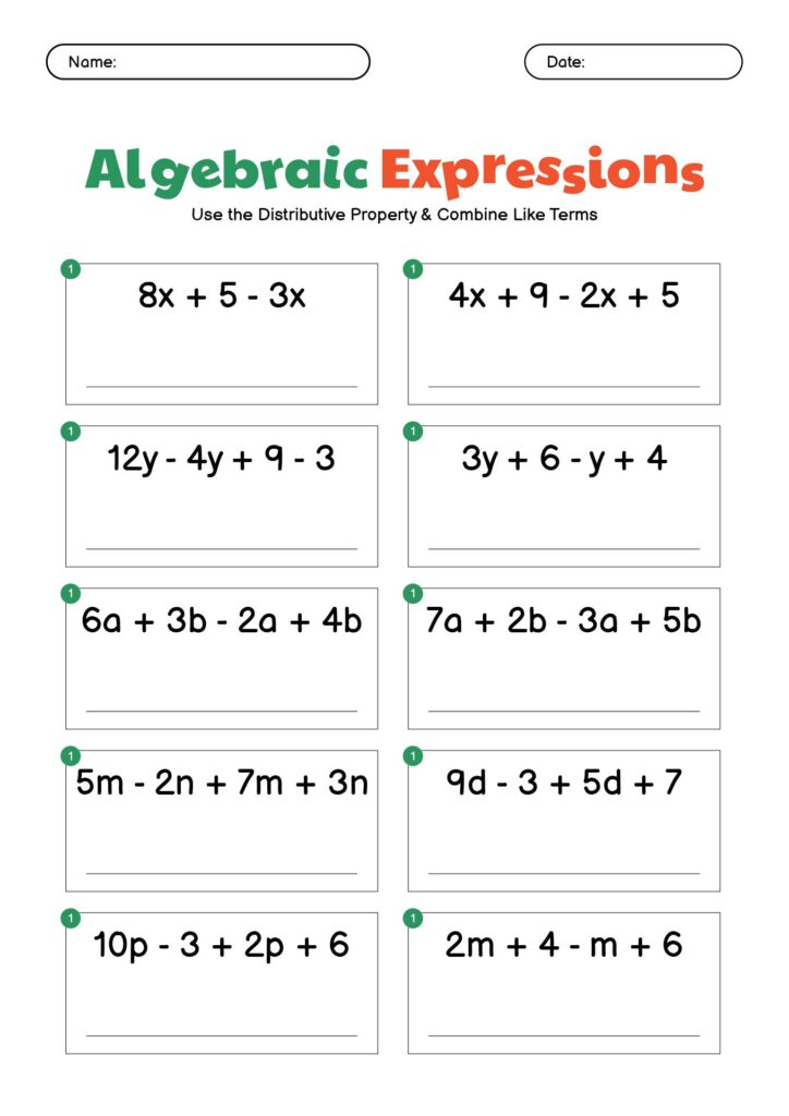 Algebra worksheet titled “Algebraic Expressions,” with ten problems for combining like terms and blank lines for answers.