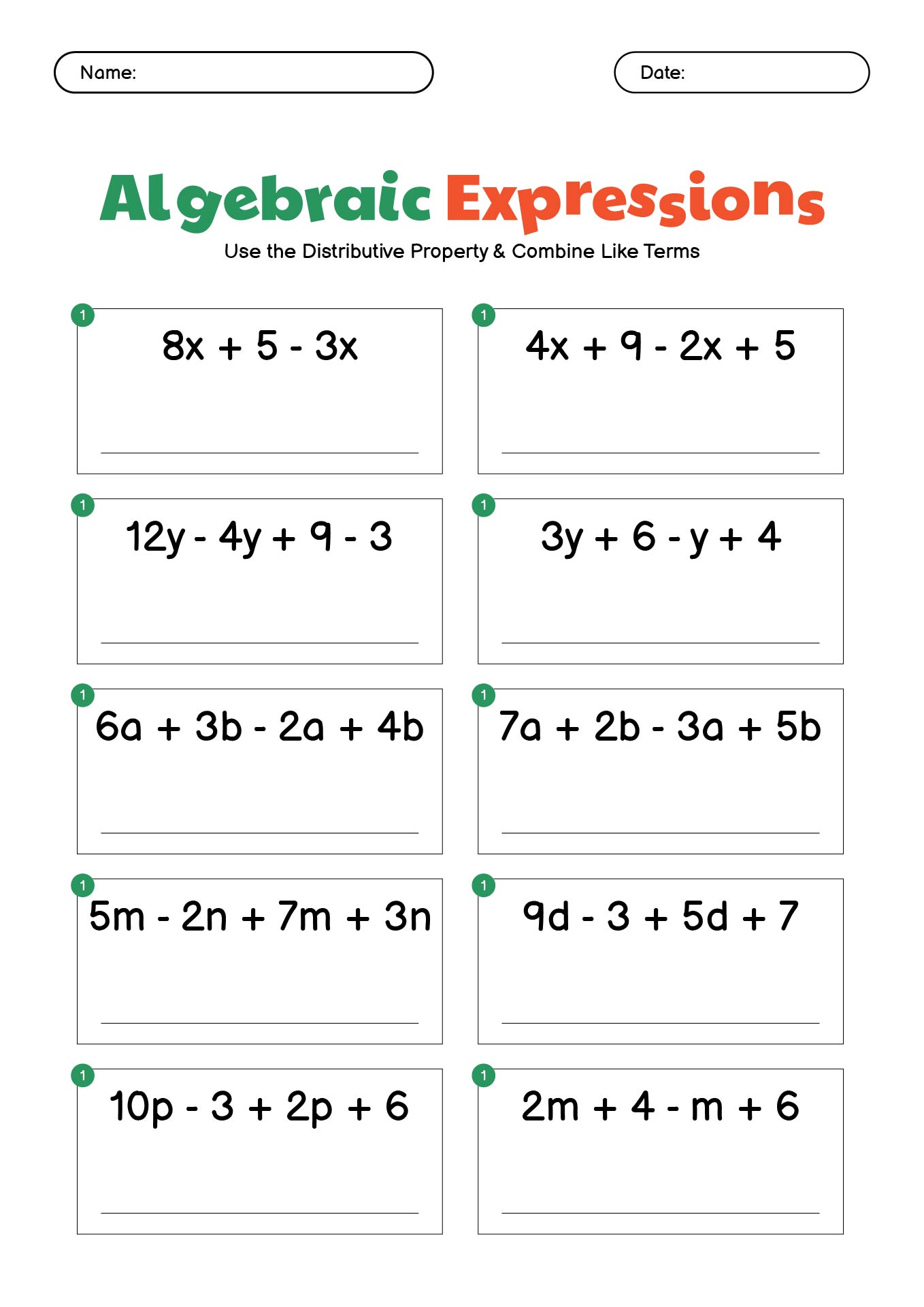 Algebra worksheet titled “Algebraic Expressions,” with ten problems for combining like terms and blank lines for answers.