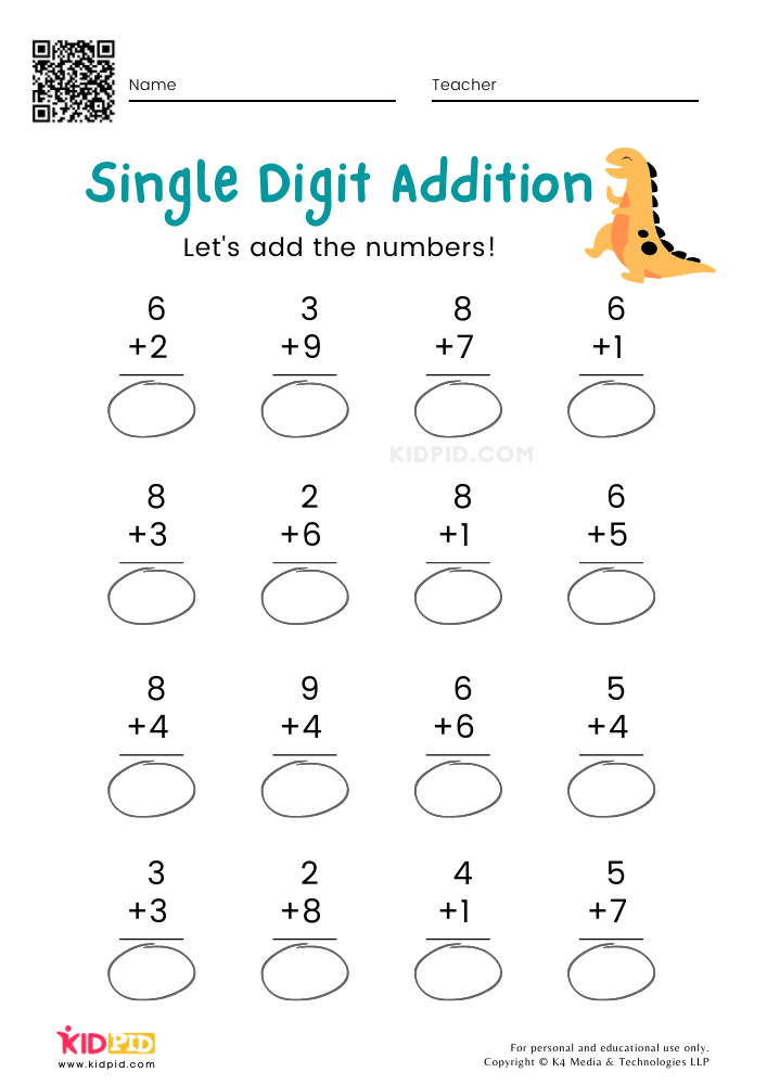 A single-digit addition worksheet with four rows of problems, including 6 + 2 and 3 + 9, each with an empty oval for the answer.