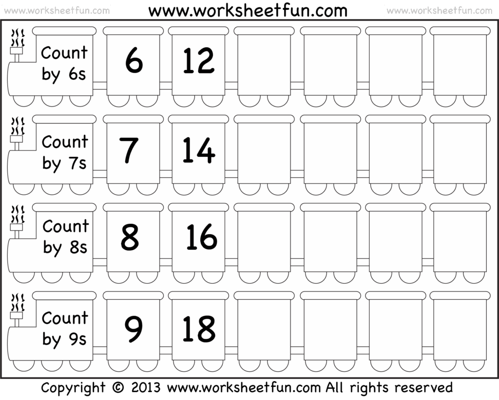 A black-and-white math worksheet with four train rows for counting by 6s, 7s, 8s, and 9s. The first two cars show starting multiples; the remaining cars are blank.