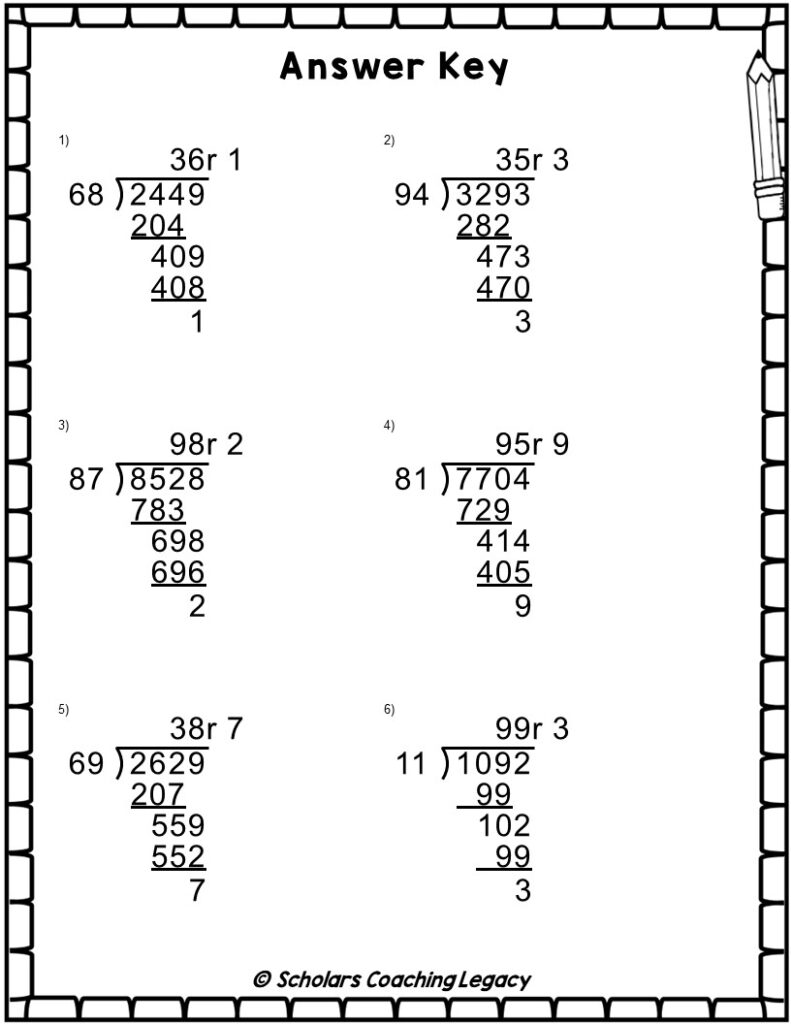 An answer-key worksheet showing six long-division problems with two-digit divisors, quotient-and-remainder answers, and worked subtraction steps inside a decorative border.