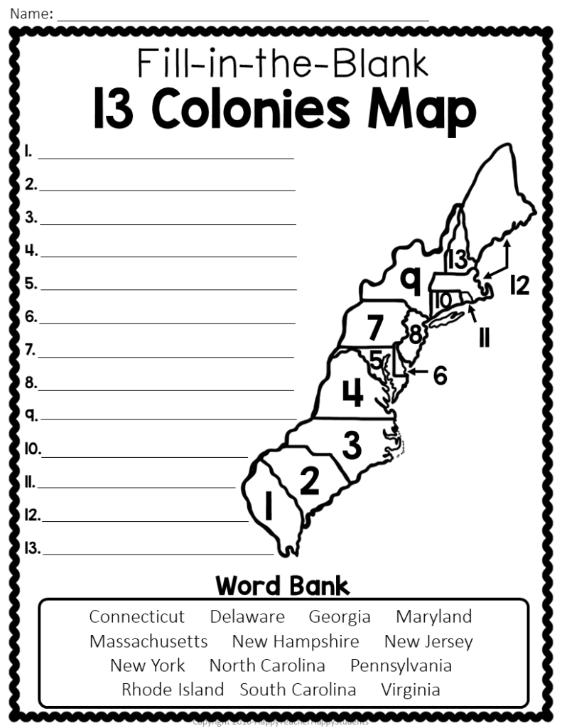 Fill-in-the-blank 13 Colonies map worksheet with numbered regions to label, thirteen answer lines, and a word bank of colony names.