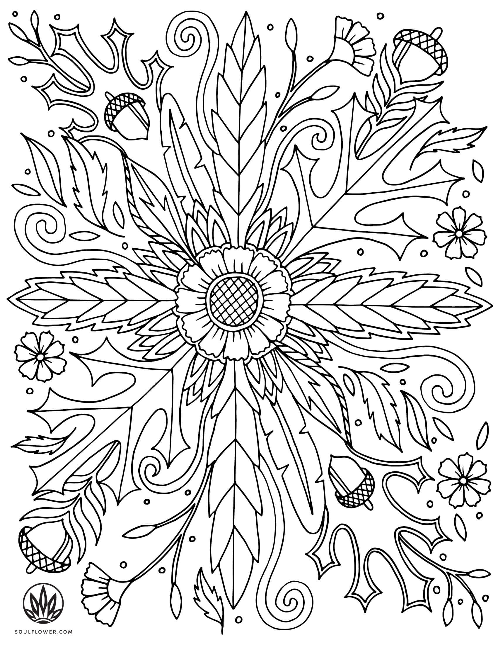 Intricate black-and-white coloring page featuring a large central flower surrounded by radiating leaves, smaller flowers, acorns, and curling vines.