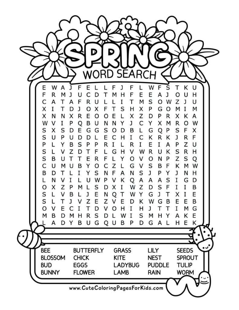 Spring word-search worksheet with a flower-decorated letter grid and a word list including butterfly, grass, lily, seeds, tulip, and worm.