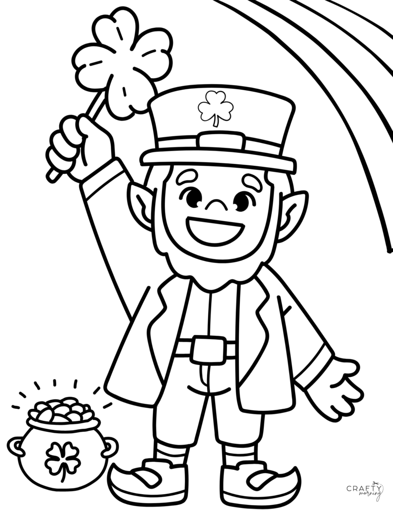 A smiling leprechaun in a shamrock-decorated hat holds a four-leaf clover beside a pot of gold, drawn in bold outlines for coloring.