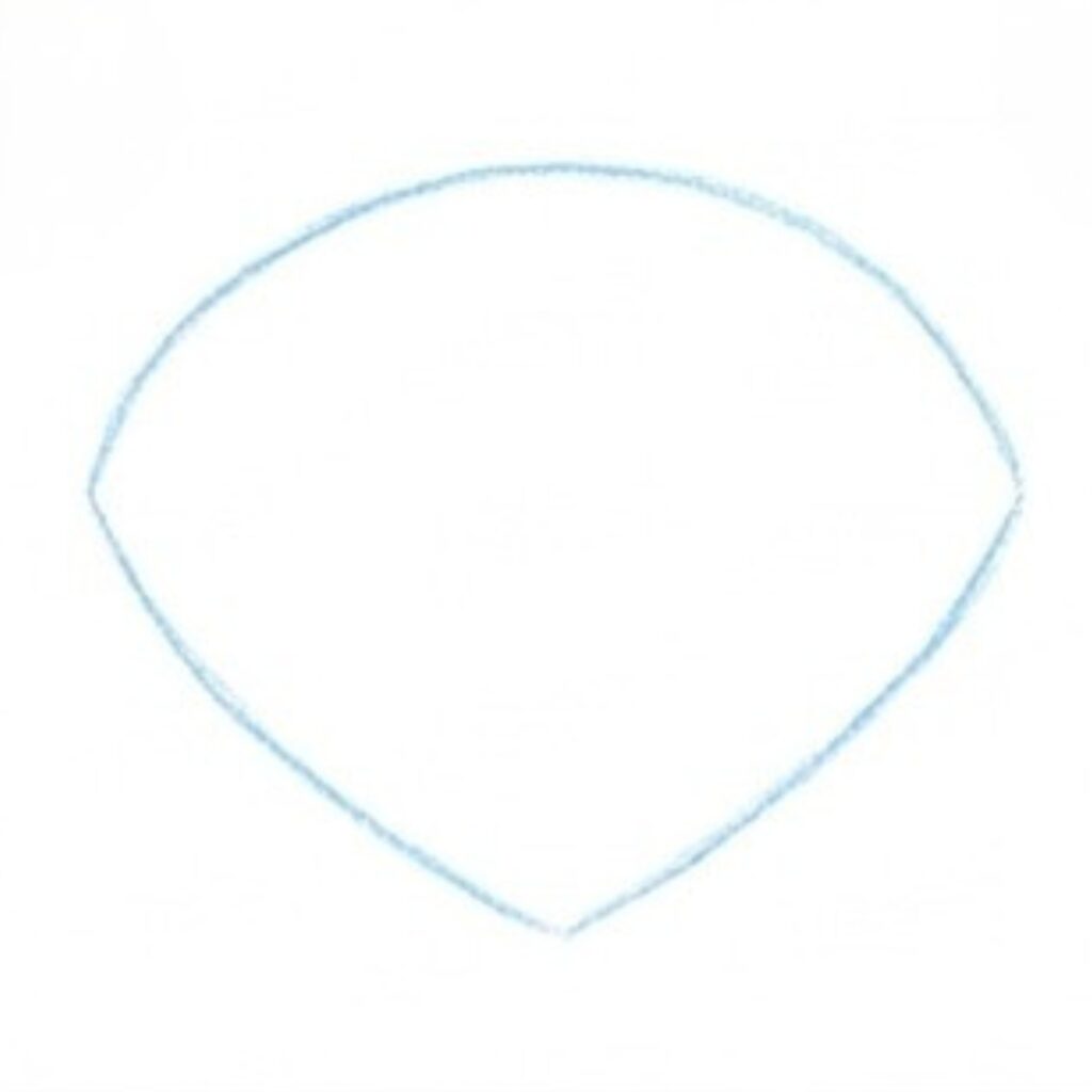 A faint blue outline of a broad shell shape, rounded across the top and tapering to a point at the bottom.