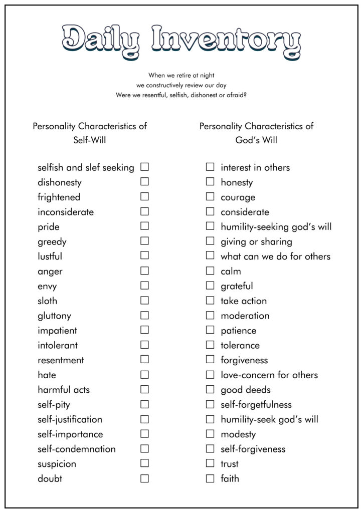 A “Daily Inventory” worksheet asks users to review their day and check paired traits, contrasting self-willed characteristics with characteristics of God’s will.