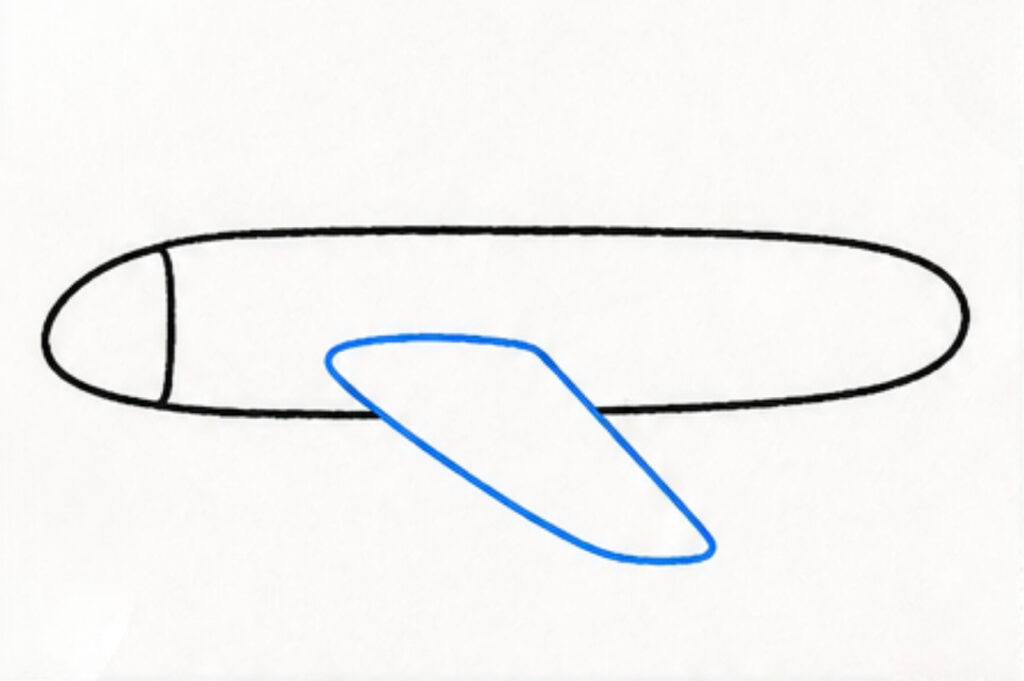 A simple airplane outline with a long oval fuselage, a curved tail section, and one wing outlined in blue.