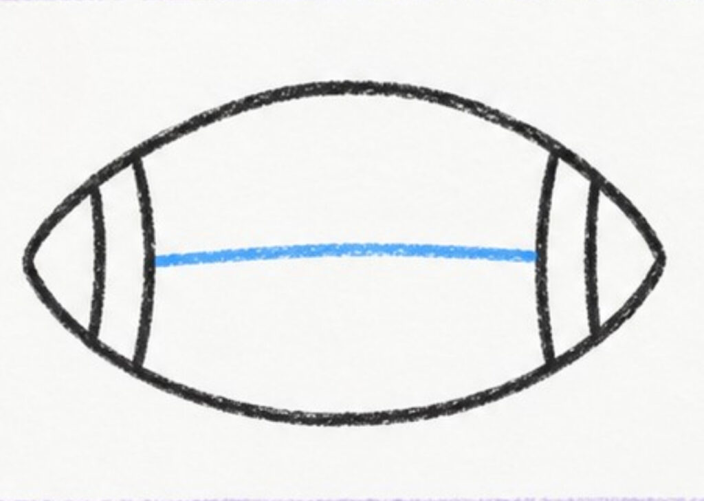 A simple hand-drawn football outline with curved seam lines at both ends and a blue curved line across the center.