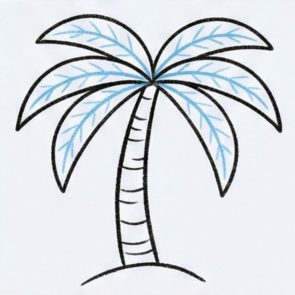 Simple palm tree drawing with a curved, banded trunk and broad fronds accented with light blue lines.