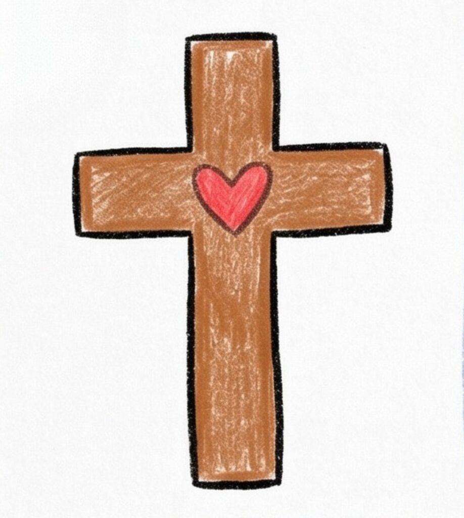A hand-drawn brown cross outlined in black, with a red heart in the middle.