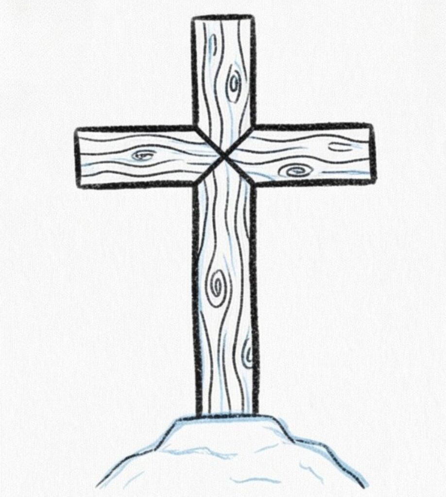 A simple hand-drawn wooden cross with visible grain lines stands in a mound of snow.