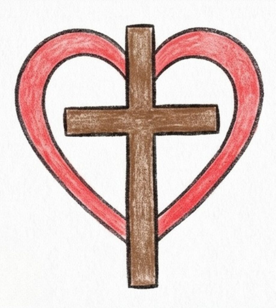 A hand-drawn brown cross centered inside a red heart outline.