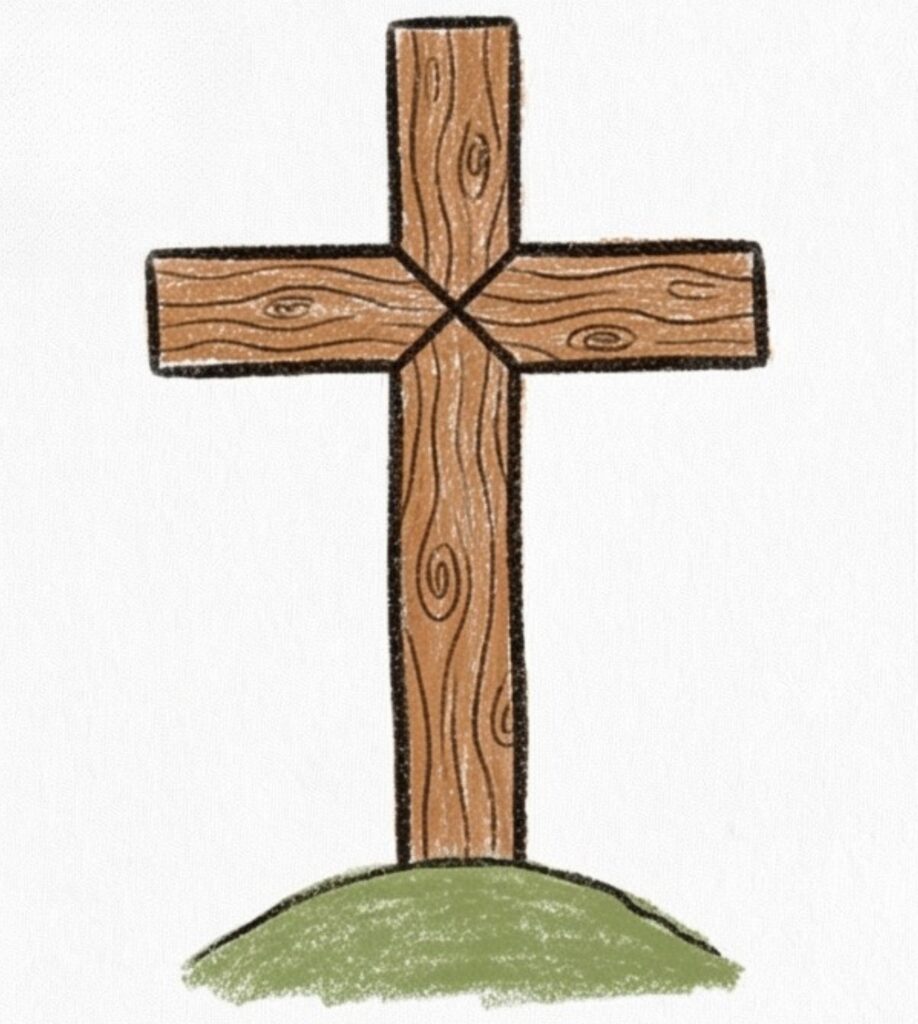 A brown wooden cross with visible wood grain stands on a small green grassy mound.