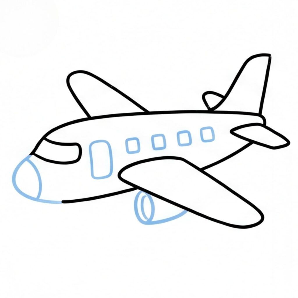 Simple airplane drawing with outlined wings and tail, blue windows, nose, and engine details.