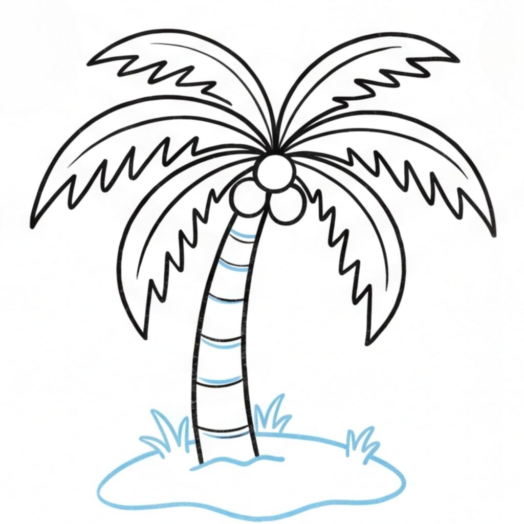 Simple palm tree illustration with a curved, banded trunk, large jagged fronds, three coconuts, and a blue-outlined island with grass.