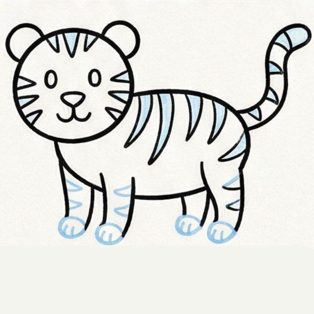 A simple cartoon tiger with bold black outlines, pale blue stripes, rounded paws, and a curved upright tail.