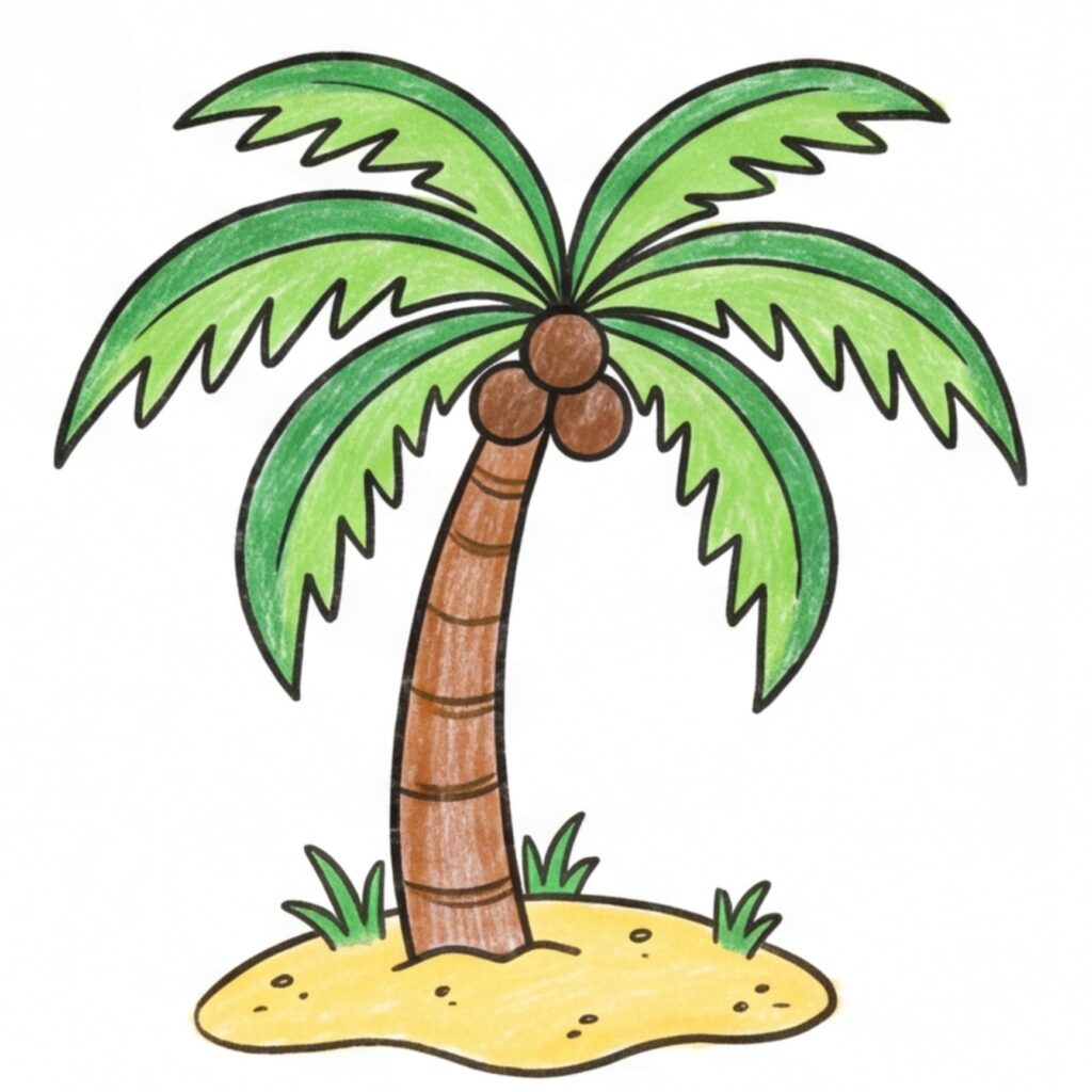 A simple colored drawing of a palm tree with three coconuts, curved green fronds, and a sandy island with tufts of grass.