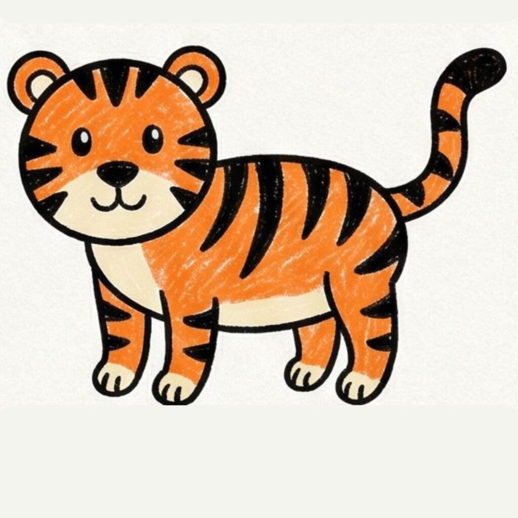 A cute orange tiger with black stripes, a cream-colored muzzle and paws, and a curled, raised tail.