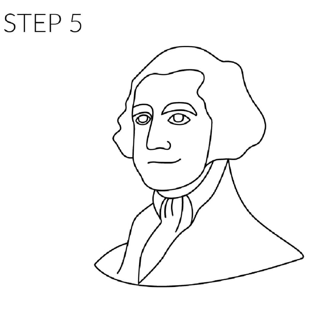 Simple black line drawing of a man with shoulder-length hair, a cravat, and a high-collared coat, labeled “STEP 5.”.