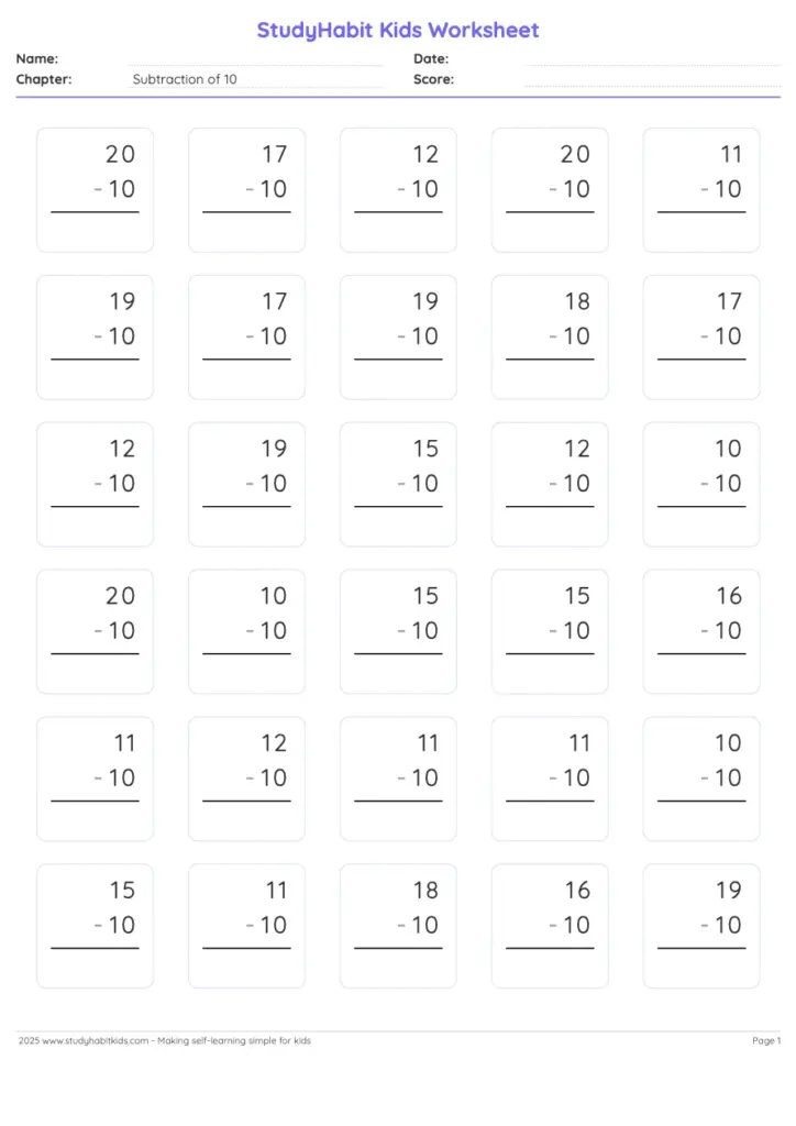 A subtraction worksheet with six rows of boxed problems subtracting 10 from numbers between 10 and 20, each with a blank answer line.