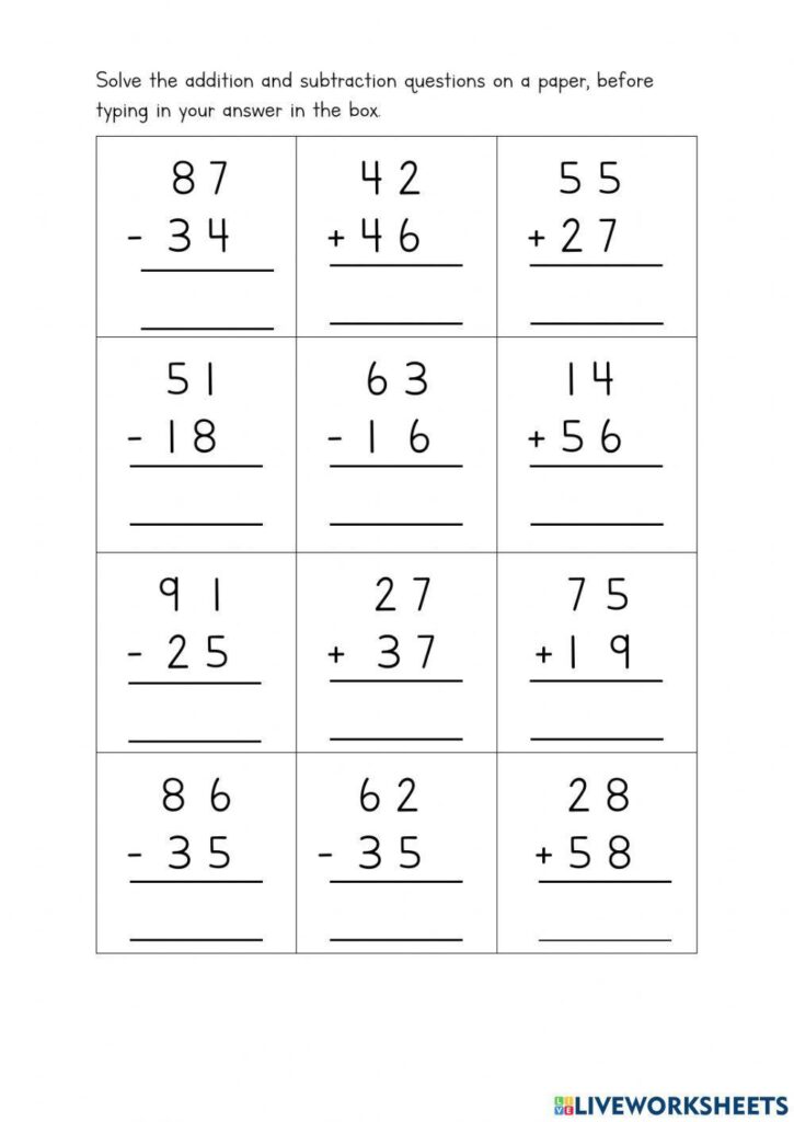 A worksheet with a 4-by-3 grid of two-digit addition and subtraction problems, each with a blank answer line.
