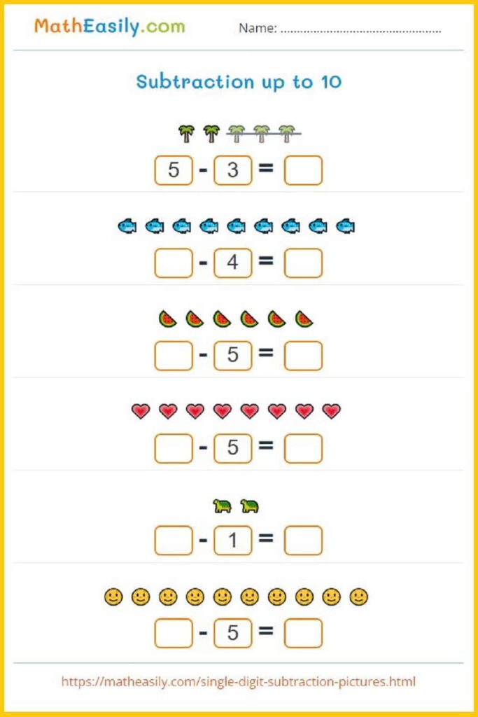 A picture-based subtraction worksheet titled “Subtraction up to 10,” with six problems using palm trees, fish, watermelon, hearts, animals, and smiley faces.