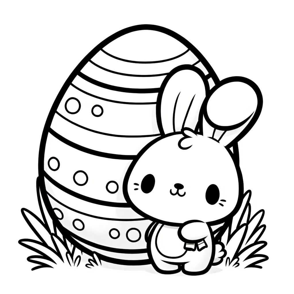 Black-and-white coloring page of a cute rabbit sitting in front of a large decorated Easter egg, with grass around them.