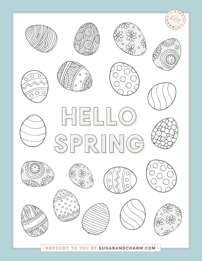 A spring coloring page with patterned Easter eggs surrounding large “Hello Spring” lettering.