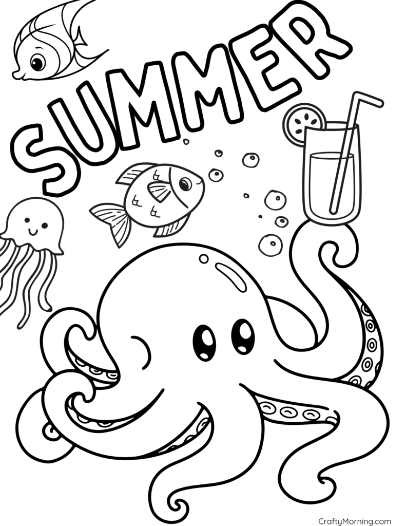 Summer coloring page featuring a large smiling octopus, fish, jellyfish, bubbles, and a drink beneath the outlined word “SUMMER.”.