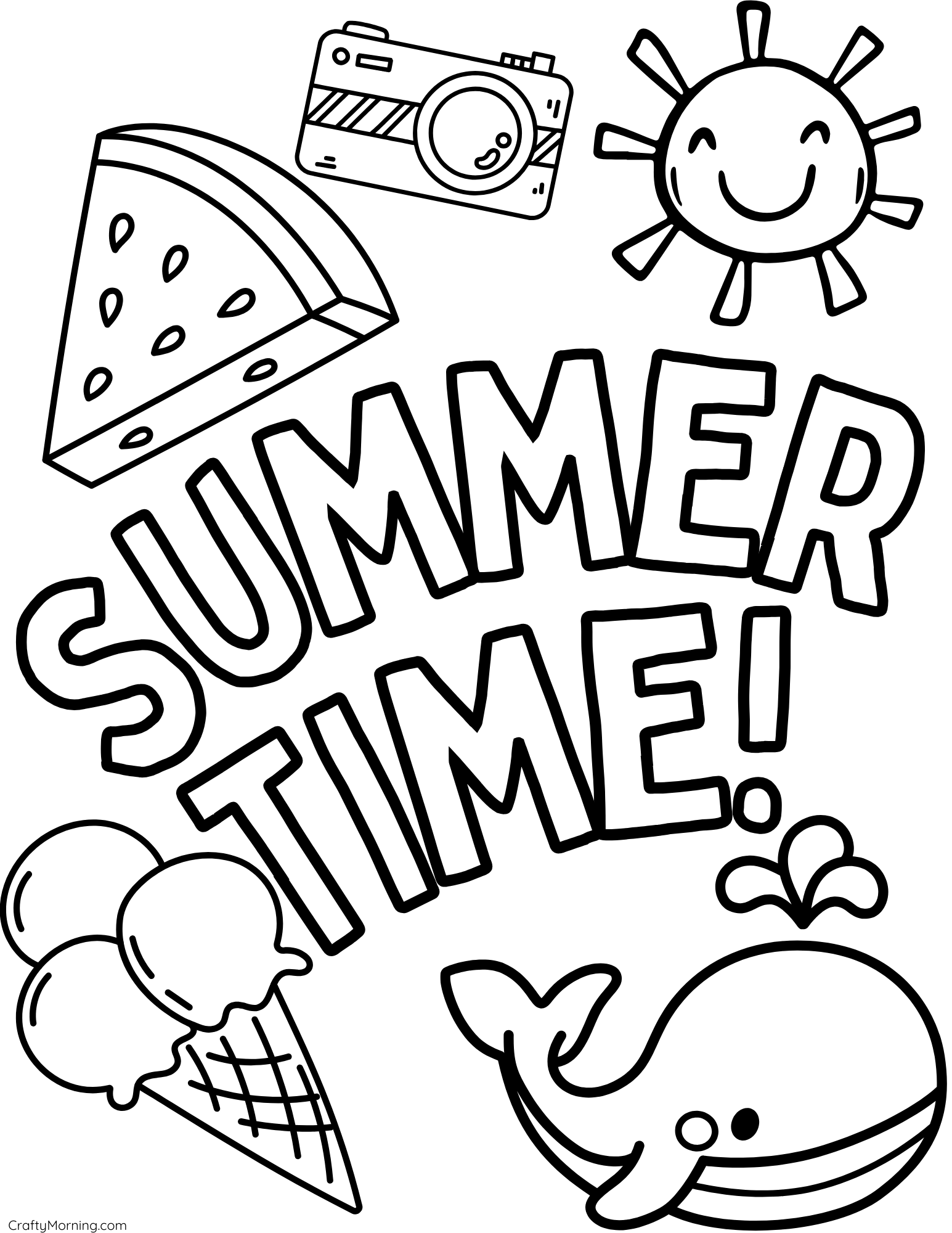 Summer-themed coloring page with outlined “SUMMER TIME!” lettering, a watermelon slice, camera, smiling sun, ice cream cone, and whale.